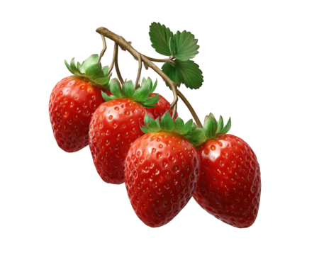 Fresh strawberry fruit cluster with green leaves, vibrant red color, juicy texture, and natural shine, perfect for healthy eating, dessert, or farm harvest themes