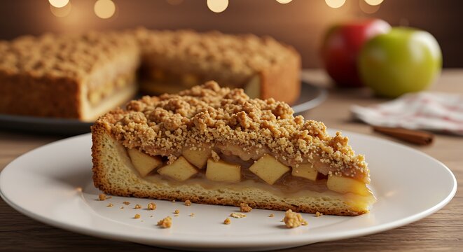 A slice of traditional European apple pie with crumb topping on a plate