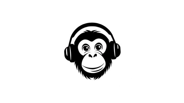 Chimpanzee head wearing headphones.  Simple, black and white graphic design
