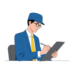 Inspection in Progress: A focused individual, adorned in a smart blue suit and cap, meticulously reviews documents on a clipboard, engaging in a precise and professional assessment. 