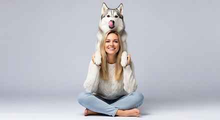 Happy woman with husky dog on her shoulders isolated on white background, sitting crosslegged on the floor