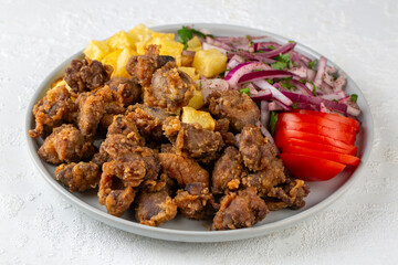 Liver pan (Albanian liver) Turkish traditional food. Liver over rice. (Turkish name; arnavut ciger)