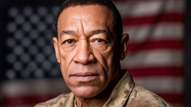 Serious expression of African American war veteran in front of an American flag backdrop highlighting resilience and dedication - Powered by Adobe