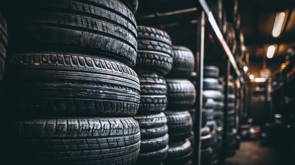 Stacked Tires in Auto Shop with Industrial Background Lighting