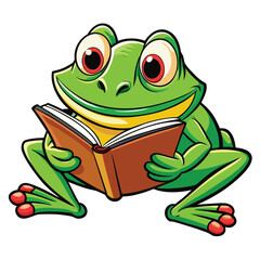 cartoon frog is carefully reading a book
