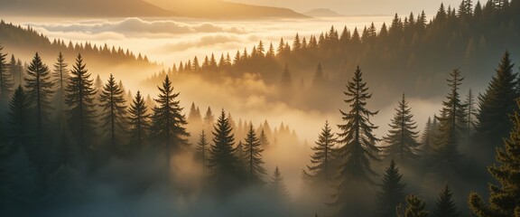 Golden sunrise through misty forest mountains, dramatic light rays over pine trees, scenic nature landscape, travel wilderness photography inspiration