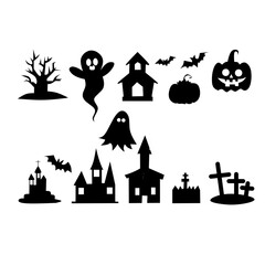 Collection of Halloween silhouettes. Haunted house, creepy tree, flying witch, pumpkins, halloween ghost, owl, coffin lid etc