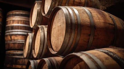 Rustic Wooden Wine Barrels Stacked in Underground Cellar Setting