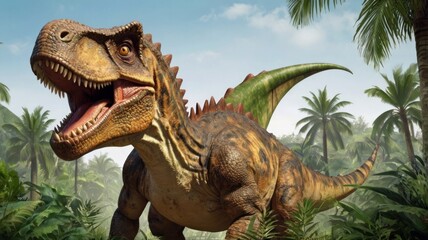 Majestic Striped Dinosaur with Open Jaws in a Lush Primeval Jungle