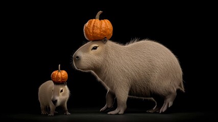 capybara with orange pumpkin on black background, halloween, all saints day, cute animal, october 31, gopher, prairie dog, mother and baby capybaras