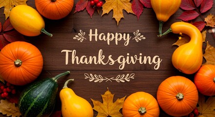 Happy thanksgiving message with pumpkins gourds and autumn leaves on a wooden background design