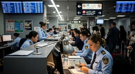 Dedicated Border Control Officers Efficiently Processing Travelers at a Busy Airport Terminal.