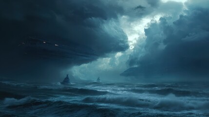 Obraz premium Stormy Ocean Scene with Futuristic Ships Under Dark Clouds