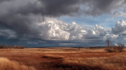 Fototapeta premium Stormy Sky Over a Wide Prairie Landscape with Dramatic Clouds