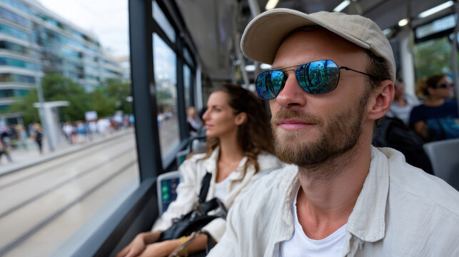 A charming couple enjoys a pleasant tram ride through the city, embodying a moment of connection, leisure, and exploration in their everyday life amidst urban surroundings.