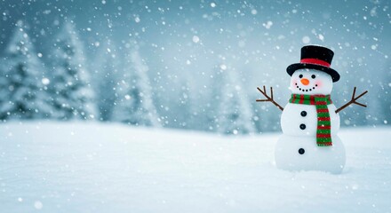 A snowman with a black hat and a scarf standing in a snowy field with trees in the background falling snow
