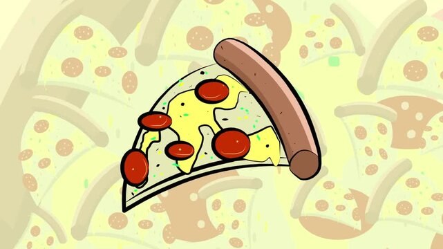 Animated video of a pizza slice with a yellow background, food, art.