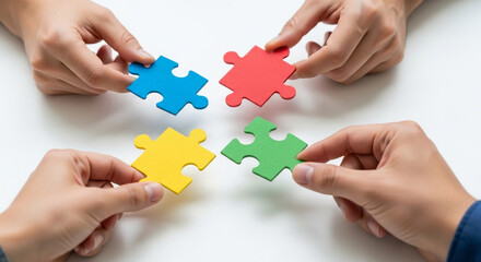 Four hands holding colored puzzle pieces on a white table