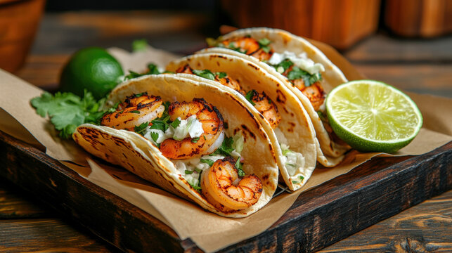 Seafood, Delicious shrimp tacos with slaw and lime, ideal for a vibrant food truck backdrop.