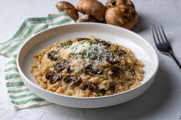Risotto with porcini and champignon mushrooms in plate