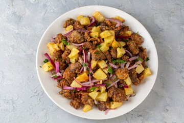 Liver pan (Albanian liver) Turkish traditional food. Liver over rice. (Turkish name; arnavut ciger)