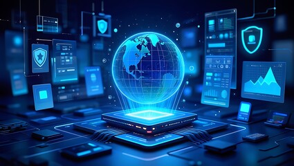 Futuristic holographic globe and data screens emanating from a glowing computer processor on dark blue