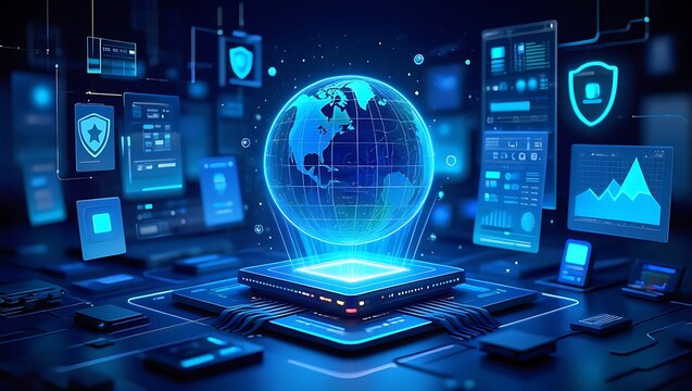 Futuristic holographic globe and data screens emanating from a glowing computer processor on dark blue