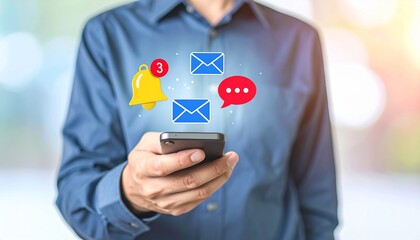Mobile Notification Icons with Email, Message, and Alert Symbols Above Smartphone
