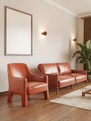 Modern living room with terra cotta armchair and sofa against wall with frame, showcasing Scandinavian interior design.