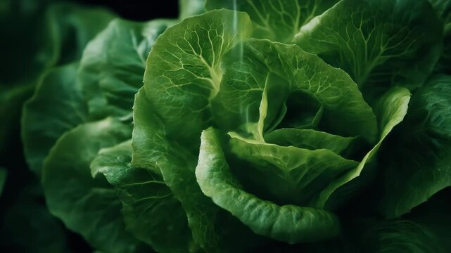 A close-up of vibrant green lettuce leaves, tightly arranged, showcasing intricate vein patterns and textures, bathed in soft light