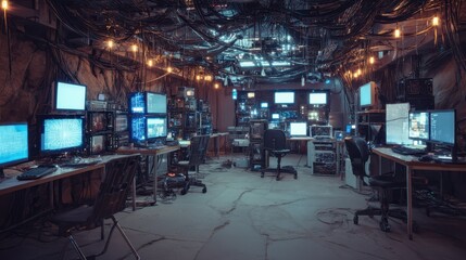 High-Tech Lab with Glowing Cables and Multiple Monitors in Use