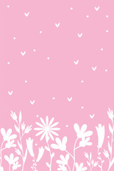 Mother's day Birthday International women day greeting wishing card banner Floral design Elegant quote for poster White silhouettes of flowers hearts on pink background Vertical template Copy space