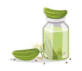 Glass jar with pickled cucumbers. Natural organic cucumber preservations with spices, garlic, pepper and dill. Isolated. PNG illustration.
