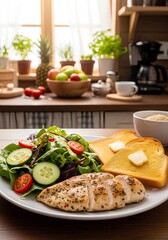 Healthy Breakfast Grilled Chicken Breast Salad with Toast and Butter in a Kitchen Setting
