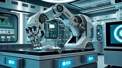 Futuristic robotic arm operating inside high tech laboratory with digital interface screens and advanced machines - Powered by Adobe