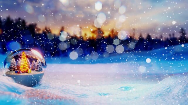 Animated Christmas background with crystal ball, Christmas tree. New Year's background. 4K 3D loop animation