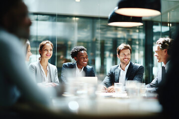 Business men and women wearing suit or formal outfit, discussing at their meeting with co-worker and client at modern office in urban building.