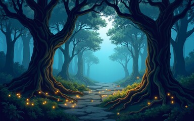 vector of magical forest clearing at dusk, where glowing fireflies dance among the twisted roots of ancient oak trees. High quality