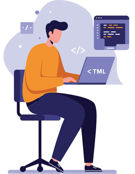 Programmer coding software development on laptop with code screen in modern workspace vector illustration
