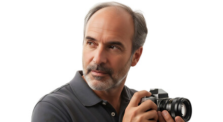 Mature male photographer holding a camera, thoughtfully observing, perfect for articles on creative hobbies, technology reviews, professional services, or lifestyle blogs,