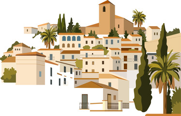 Vector illustration of a traditional Spanish town with white houses, terracotta roofs, and Mediterranean trees