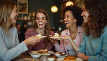 Group of young women friends laughing and enjoying dessert together in cozy cafe, warm lighting and cheerful atmosphere create sense of happiness and connection