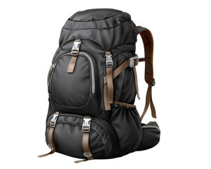 Fototapeta premium Black hiking backpack with multiple compartments, brown straps, and silver buckles, designed for outdoor adventure, travel, and camping, offering durability and comfort for long journeys