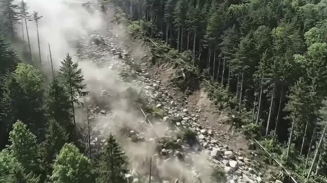 Cinematic Drone Footage of a Powerful Landslide Sweeping Through a Forest, Causing Deforestation and Destruction.