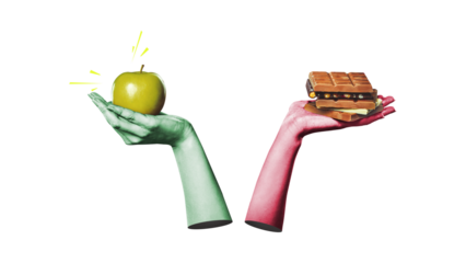 Flat art design. Nutrition - healthy apples and unhealthy sweets to choose from in your hand, isolated on free png background. Dietary concept.