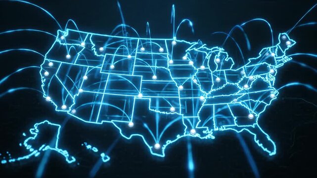 Glowing Neon Map of U.S. Connectivity - The video shows a glowing neon outline map of the United States, highlighting interconnecting networks across the country.