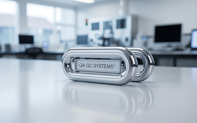 Photo of a closeup of a shiny chrome component on a white table, representing precision engineering and modern industrial technology