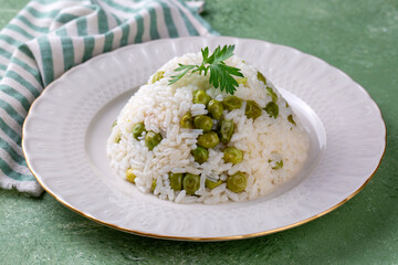 Traditional delicious Turkish foods; pea rice (Turkish name; Bezelyeli pilav)
