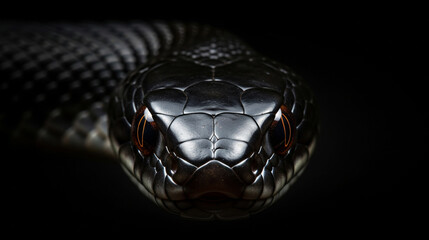 Intense Black Cobra Head Close-Up Metallic Scales, Dramatic Low-Key Lighting, Predatory Gaze