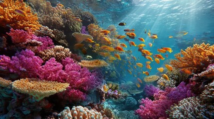 Naklejka premium Colorful Underwater Coral Reef with Vibrant Fish Swimming Around